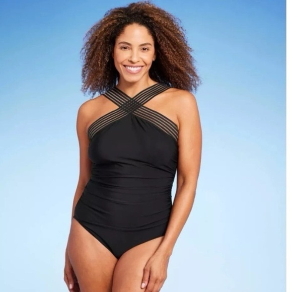 Aqua Green Other - Aqua Green Black One Piece Swimsuit Crossover Strap Ruched Front Womens M